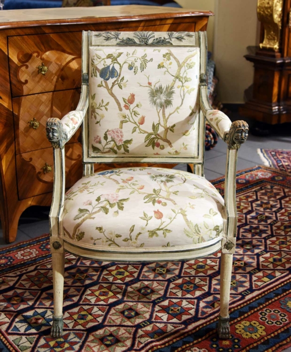 Vier Armlehnsessel, Bergeren, Directoire, Empire, weiss, Löwenköpfe